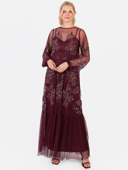 Maya Deluxe Floral Long Sleeve Round Neck Maxi Dress - view 2, Cranberry