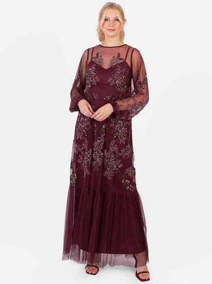 Maya Deluxe Floral Long Sleeve Round Neck Maxi Dress - view 2, Cranberry