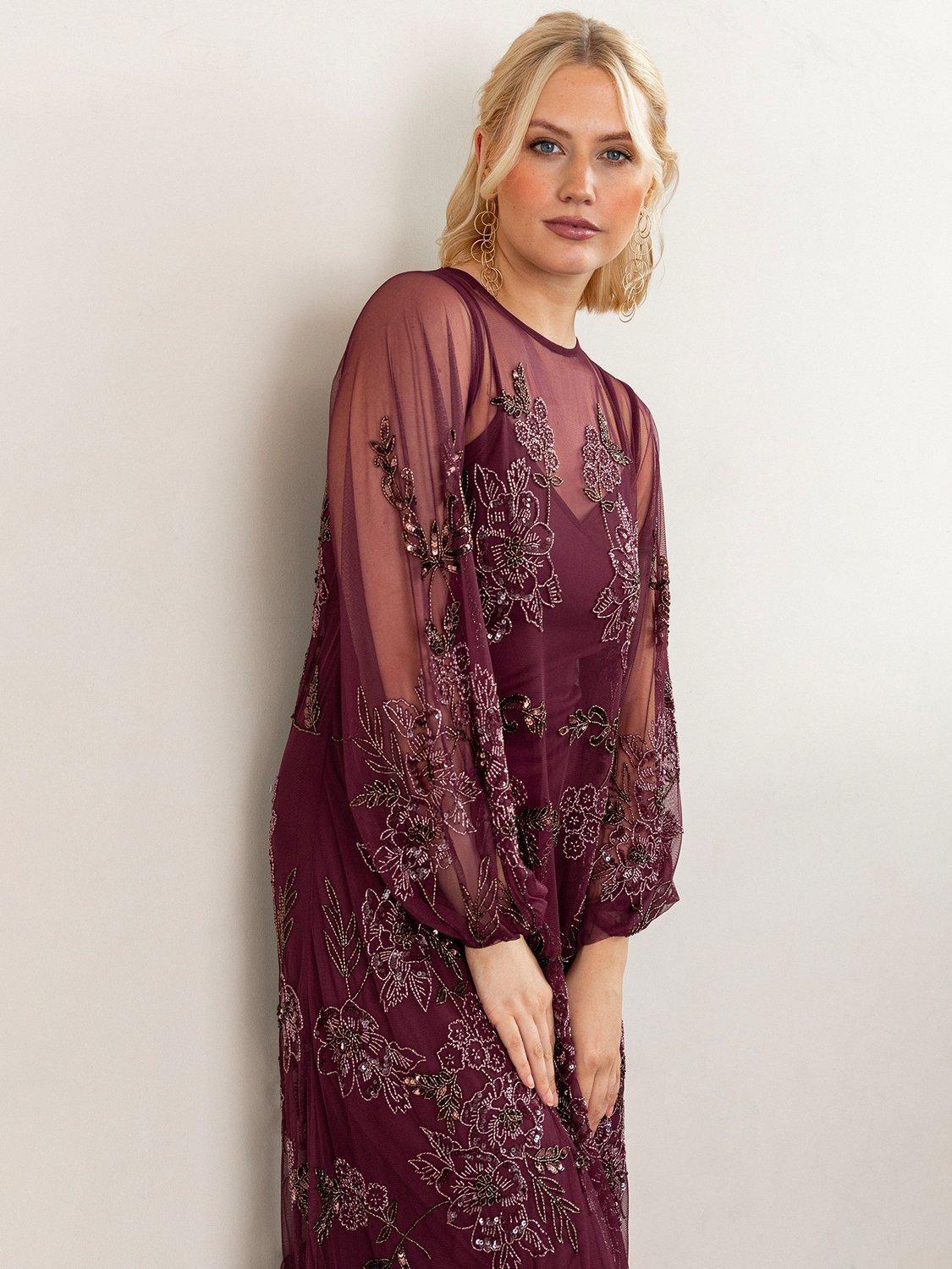 knee length dresses for ladies Maya Black Fully Embroidered Long Sleeve Maxi Dress with Frill Detail  Maya  Deluxe