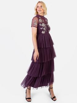 Maya Deluxe Floral Short Sleeve High Neck Tiered Midi Dress, Berry