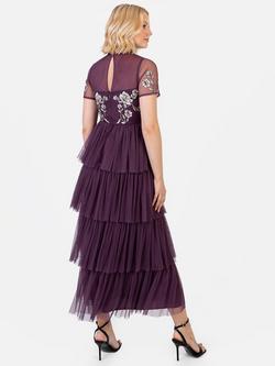 Maya Deluxe Floral Short Sleeve High Neck Tiered Midi Dress - view 2, Berry