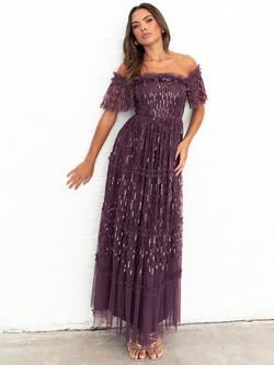 Maya Deluxe Short Sleeve Bardot Neck Ruffle Maxi Dress, Berry