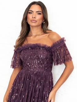 Maya Deluxe Short Sleeve Bardot Neck Ruffle Maxi Dress - view 2, Berry