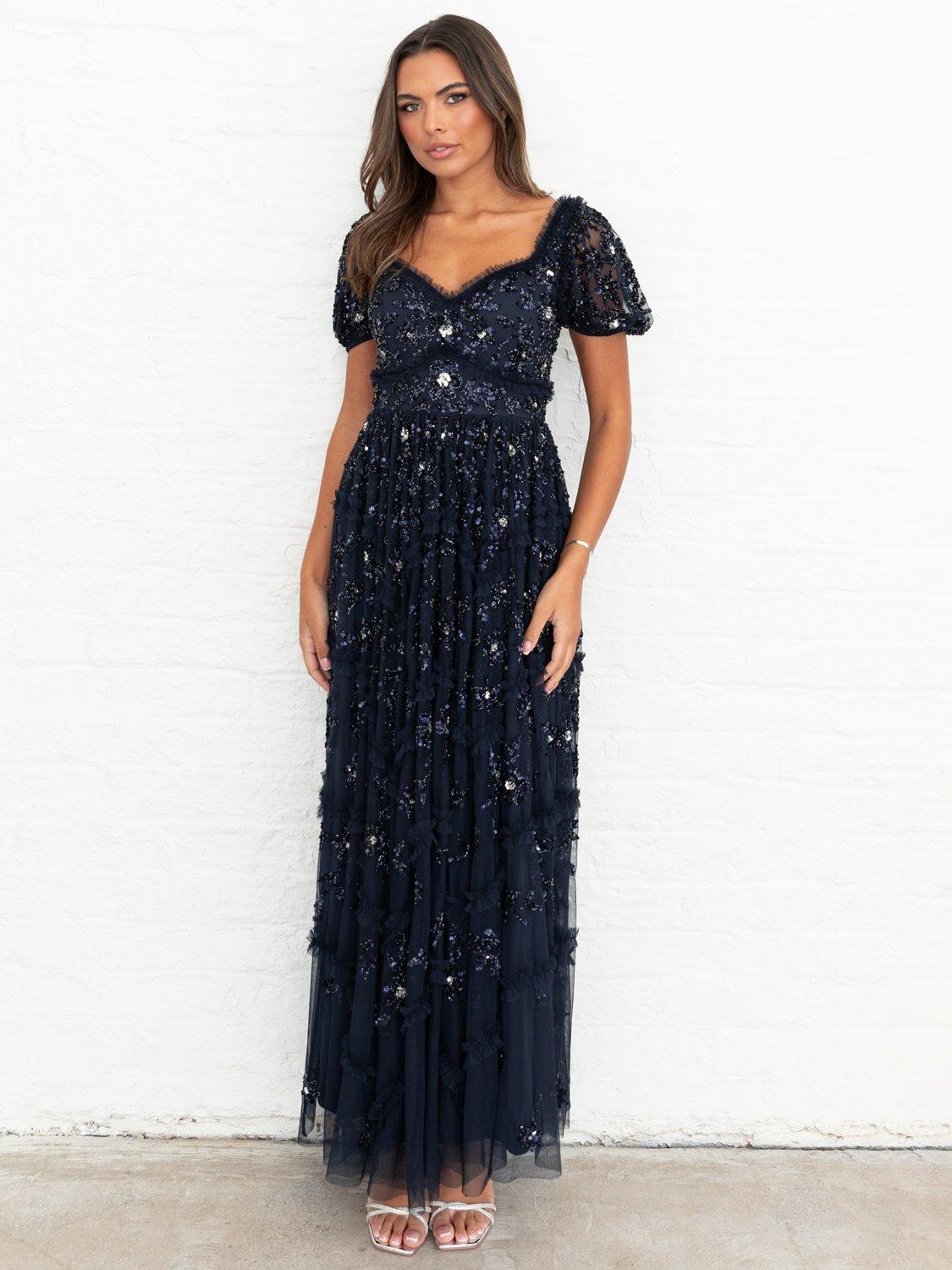 Product image 1 of 6, which shows Maya Deluxe Sequin Puff Sleeve Maxi Dress, Navy, 6