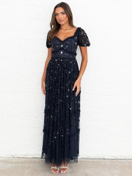 Maya Deluxe Sequin Puff Sleeve Maxi Dress, Navy, Navy