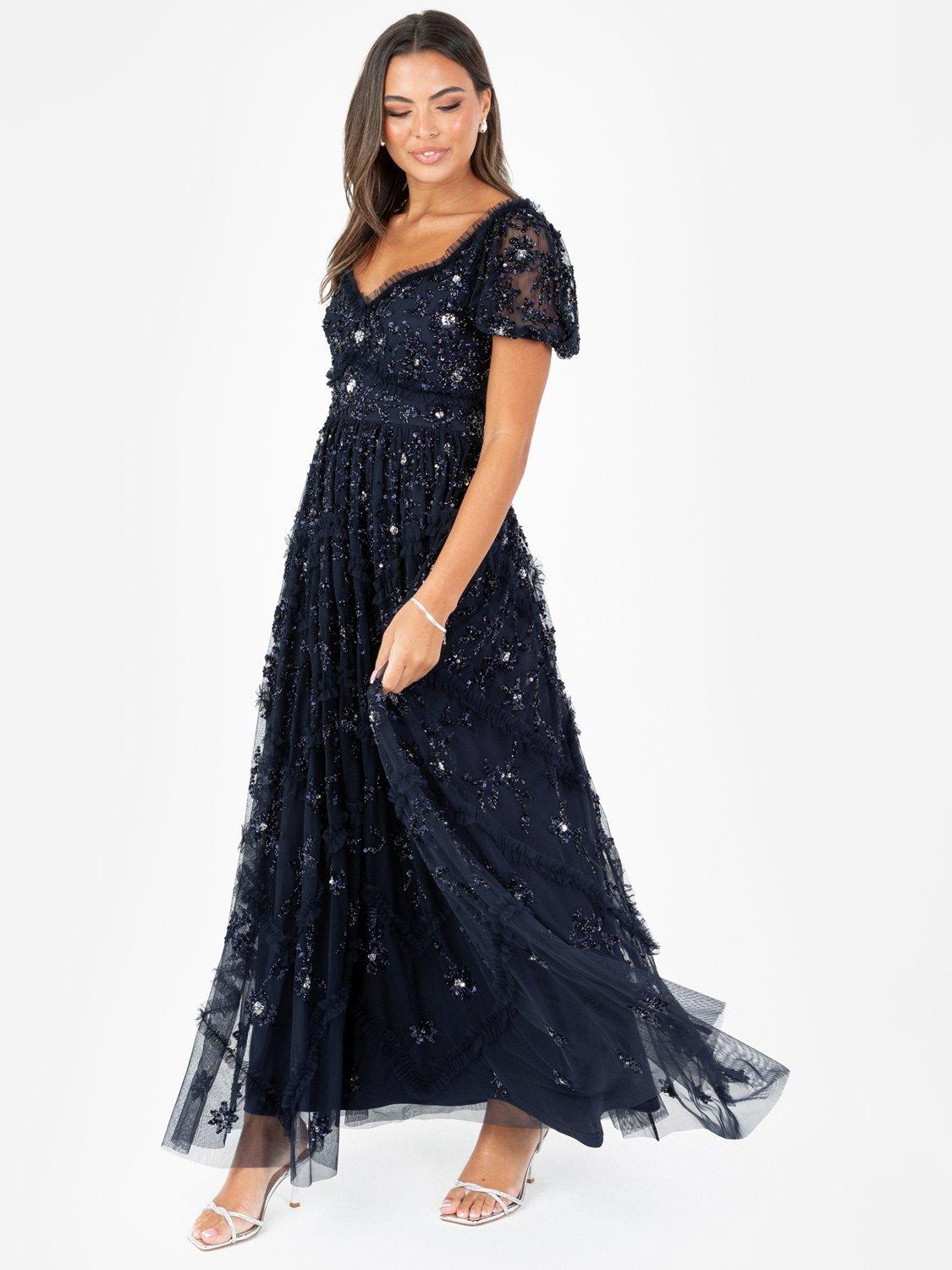 Product image 3 of 6, which shows Maya Deluxe Sequin Puff Sleeve Maxi Dress, Navy, 6