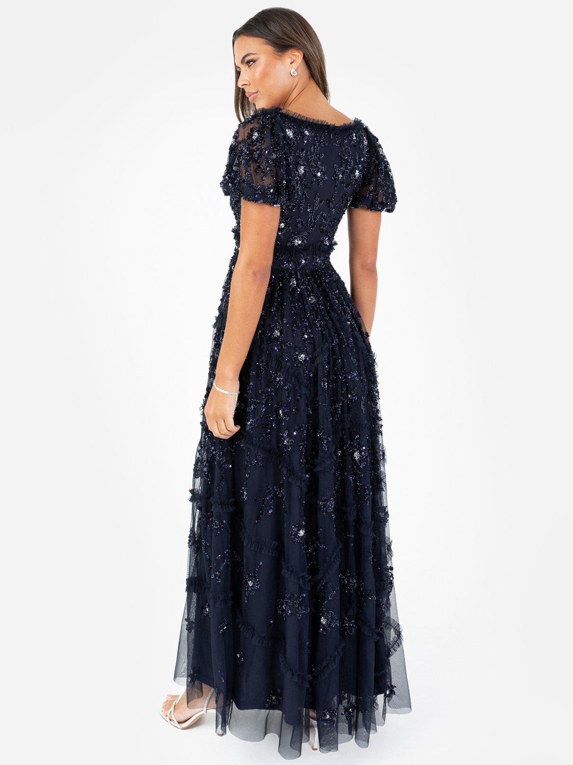 Product image 4 of 6, which shows Maya Deluxe Sequin Puff Sleeve Maxi Dress, Navy, 6