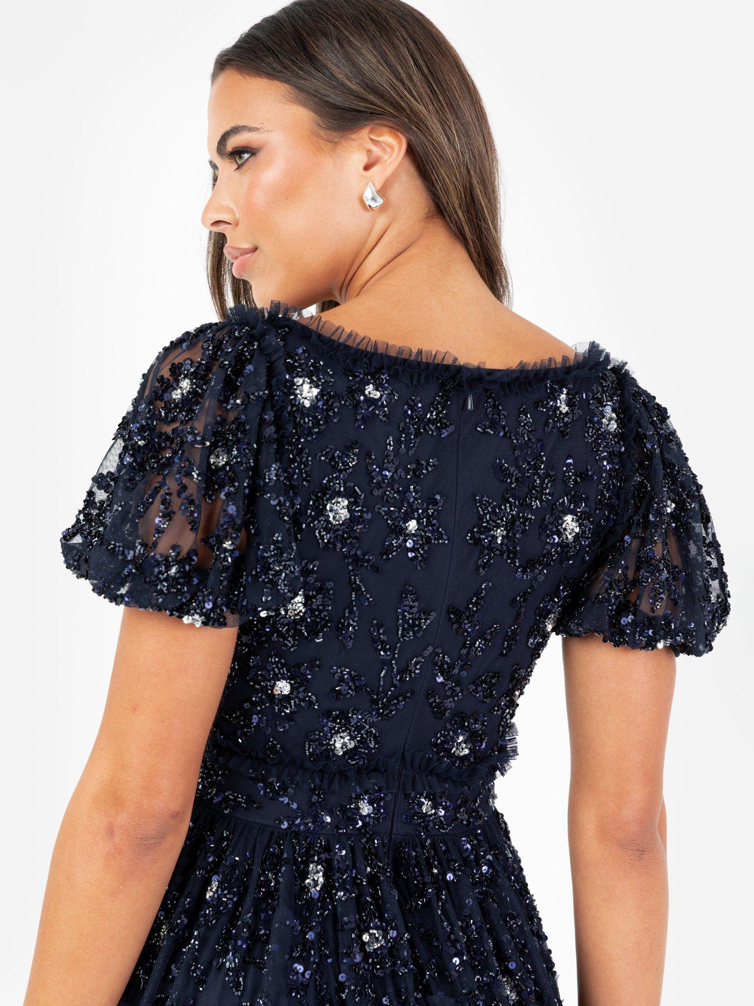 Product image 6 of 6, which shows Maya Deluxe Sequin Puff Sleeve Maxi Dress, Navy, 6