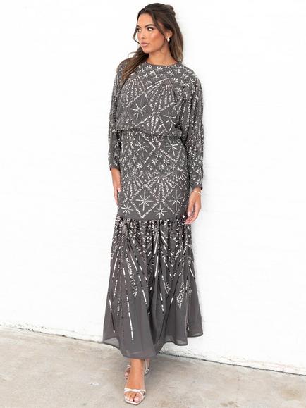 Maya Deluxe Embellished Long Sleeve Round Neck Maxi Dress, Charcoal