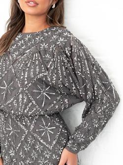 Maya Deluxe Embellished Long Sleeve Round Neck Maxi Dress - view 2, Charcoal