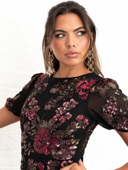 Maya Deluxe Floral Short Sleeve Round Neck Maxi Dress - view 2, Black