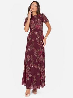 Maya Deluxe Floral Short Sleeve Round Neck Maxi Dress, Cranberry