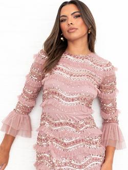 Maya Deluxe Embellished Three Quarter Bell Sleeves Round Neck Maxi Dress - view 2, Vintage Rose