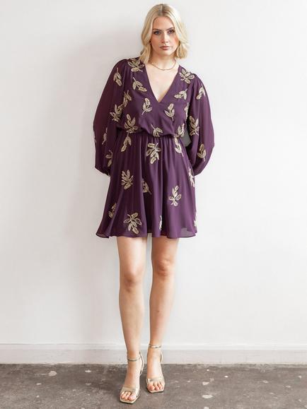 Maya Deluxe Floral Long Sleeve V Neck Mini Dress, Berry