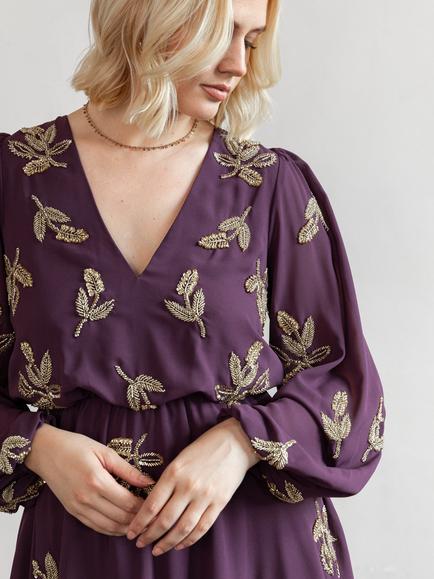 Maya Deluxe Floral Long Sleeve V Neck Mini Dress - view 2, Berry