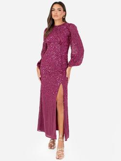 Maya Deluxe Embellished Long Sleeve Round Neck Maxi Dress, Deep Pink