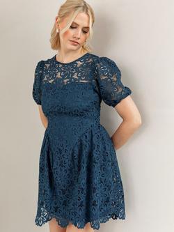 Maya Deluxe Floral Lace Puff Sleeve Mini Dress, Teal, Teal