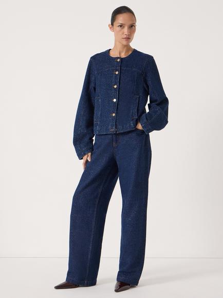 HUSH Lurex Collarless Denim Jacket - view 2, Blue/Gold