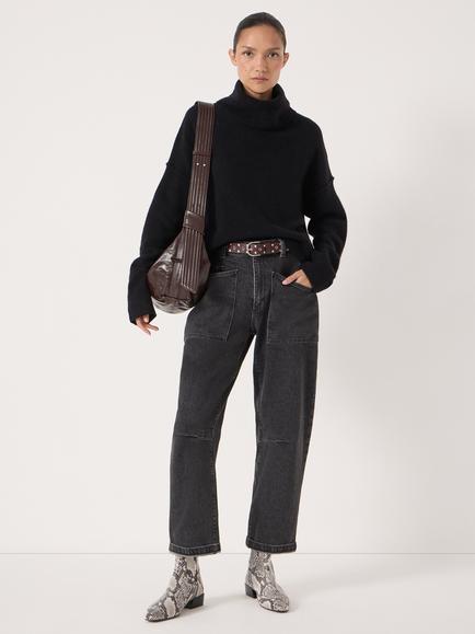 HUSH Meryl Wool Blend Drop Sleeve Roll Neck Crop Jumper, Black