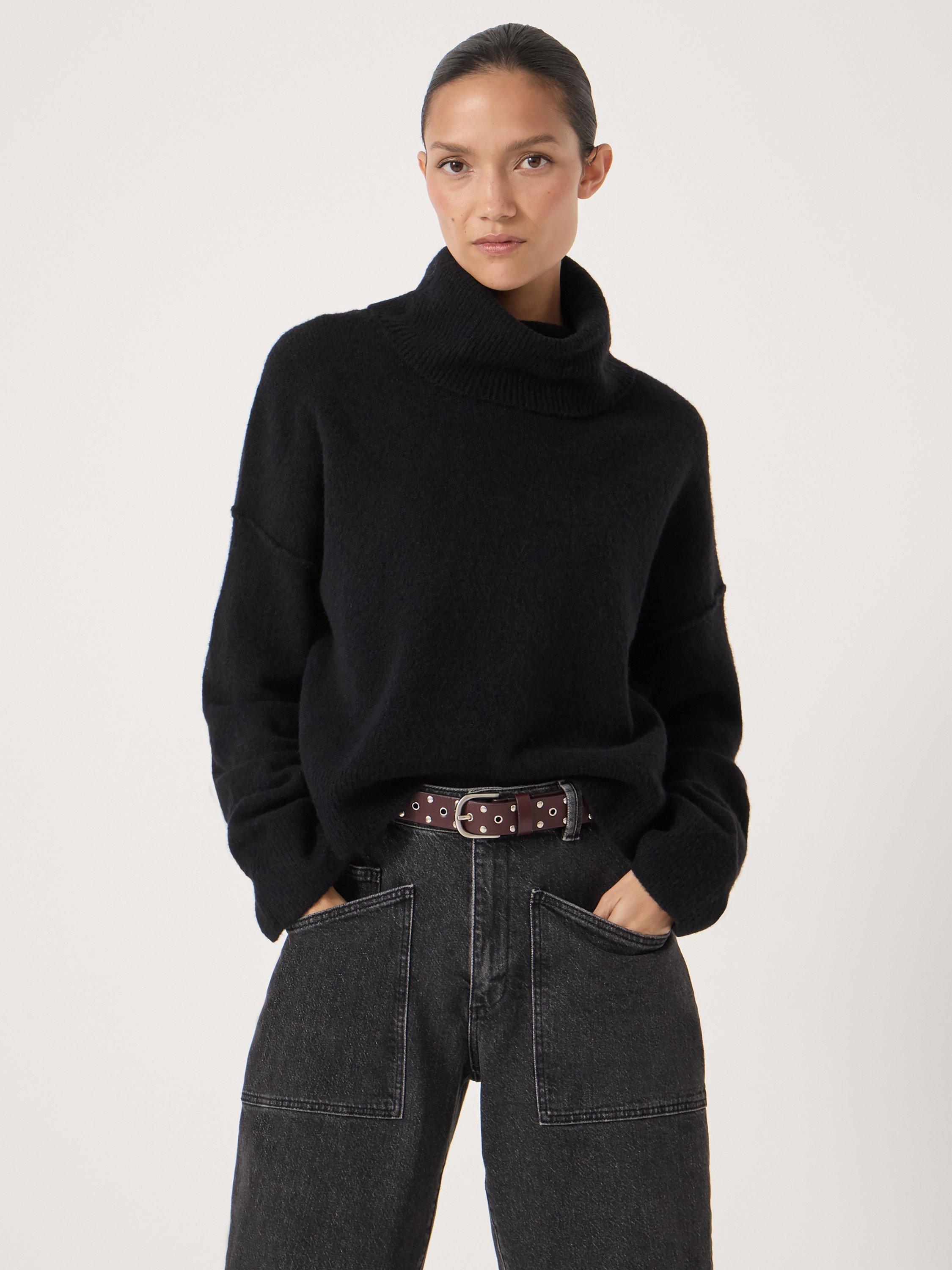 Product image 2 of 6, which shows HUSH Meryl Wool Blend Drop Sleeve Roll Neck Crop Jumper, Black, L-XL