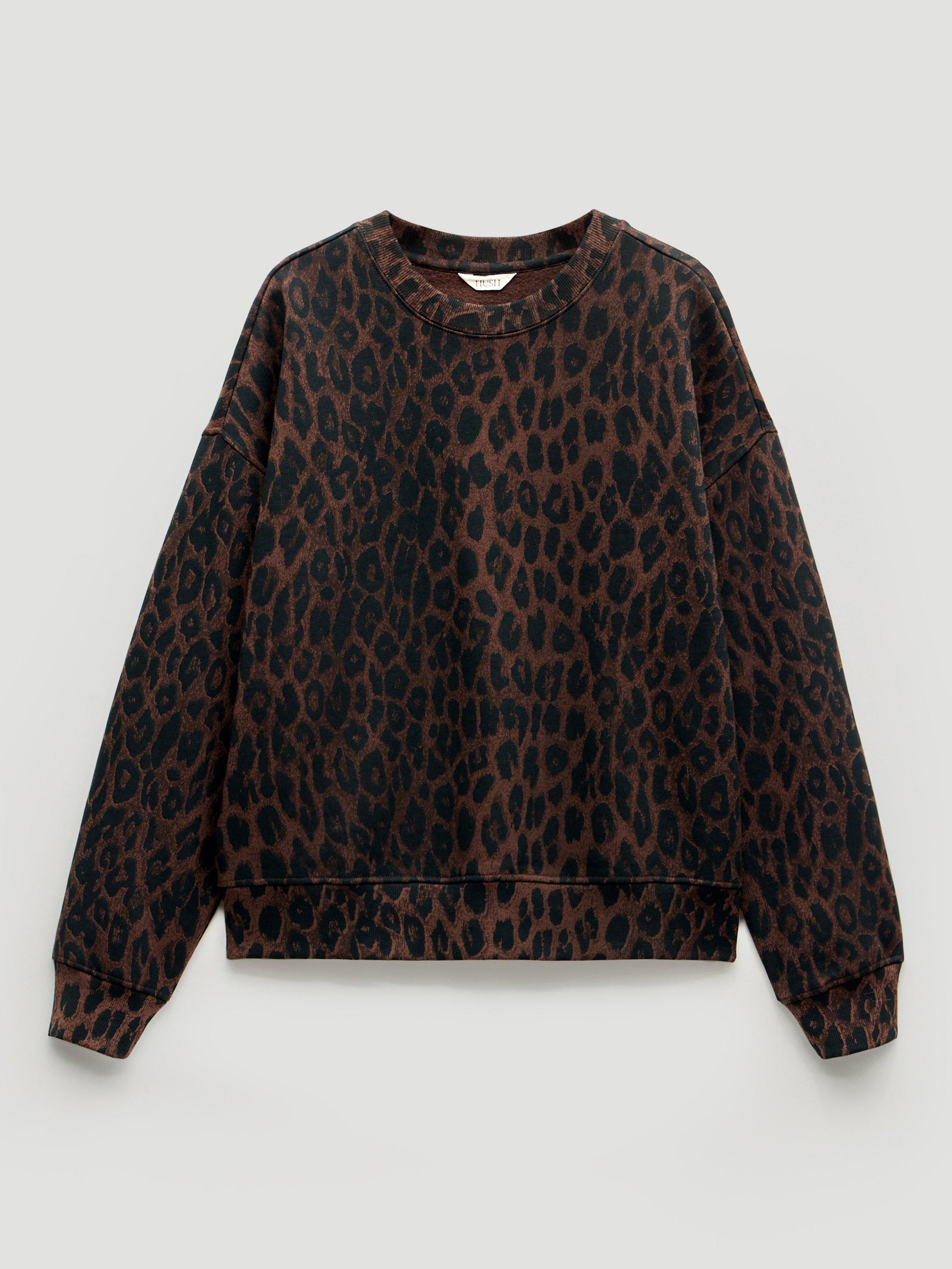 Product image 4 of 7, which shows HUSH Crew Neck Leopard Print Cotton Sweatshirt, Brown/Multi, L