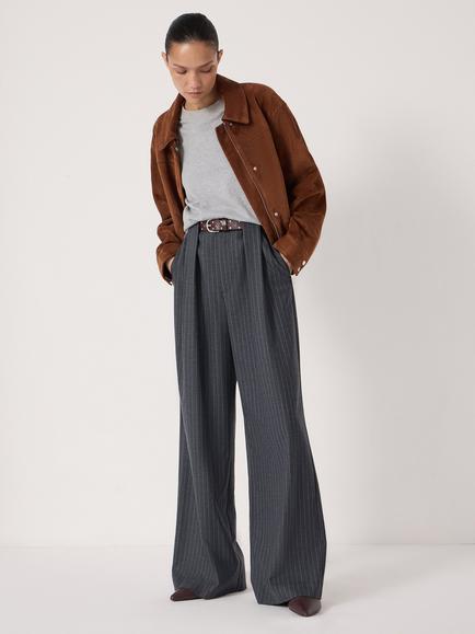 HUSH Adena Wide Leg Stripe Trousers, Charcoal, Charcoal