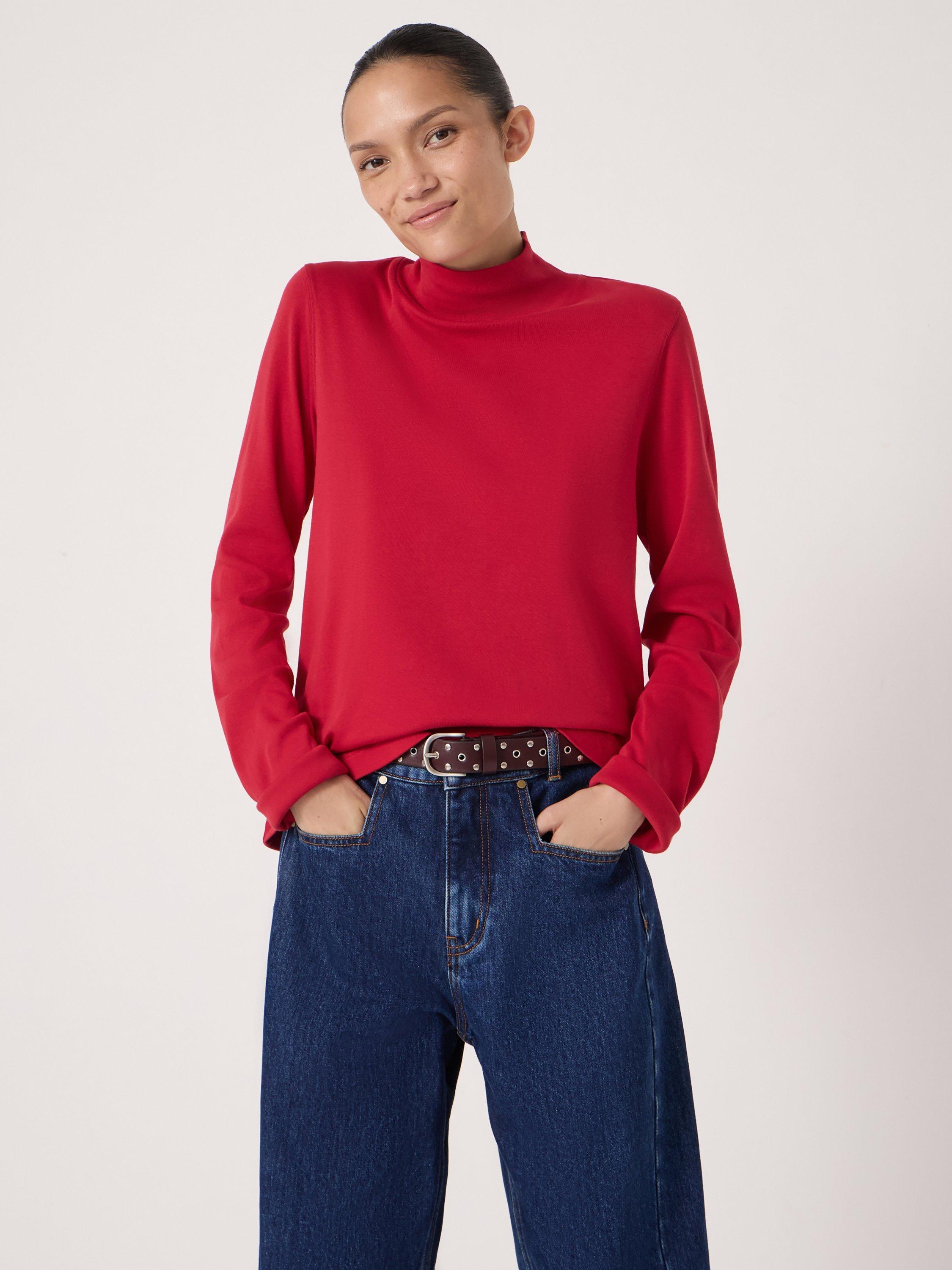 Product image 2 of 4, which shows HUSH Cotton High Neck Jersey Top, Ruby Red, S-M