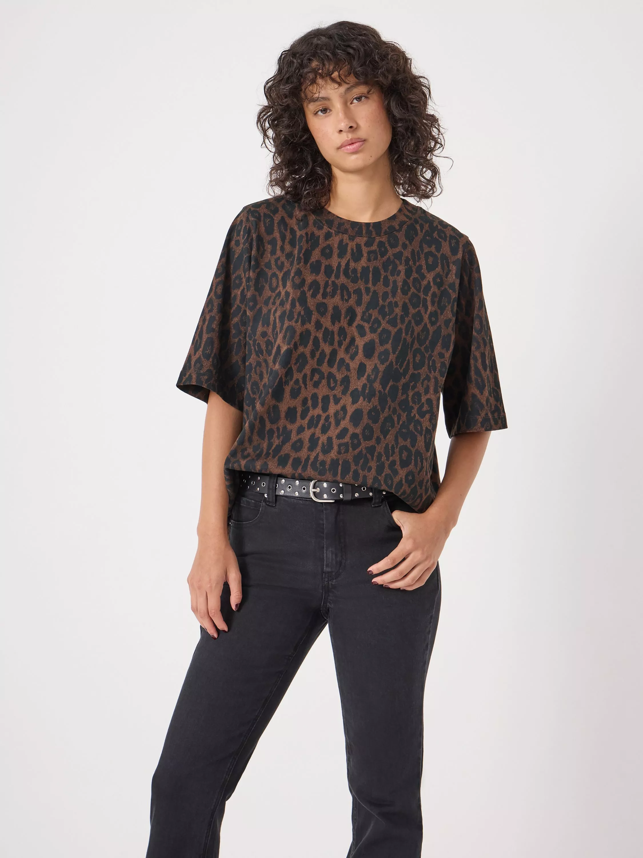 MANSY Women's Casual T-Shirt - Striped & Leopard Print Color Block Tunic, Short Sleeve, Round Neck, Brown