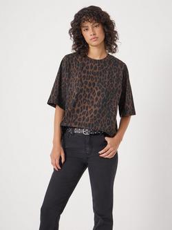HUSH Romina Crew Neck Leopard Print Cotton T-Shirt, Brown, Brown