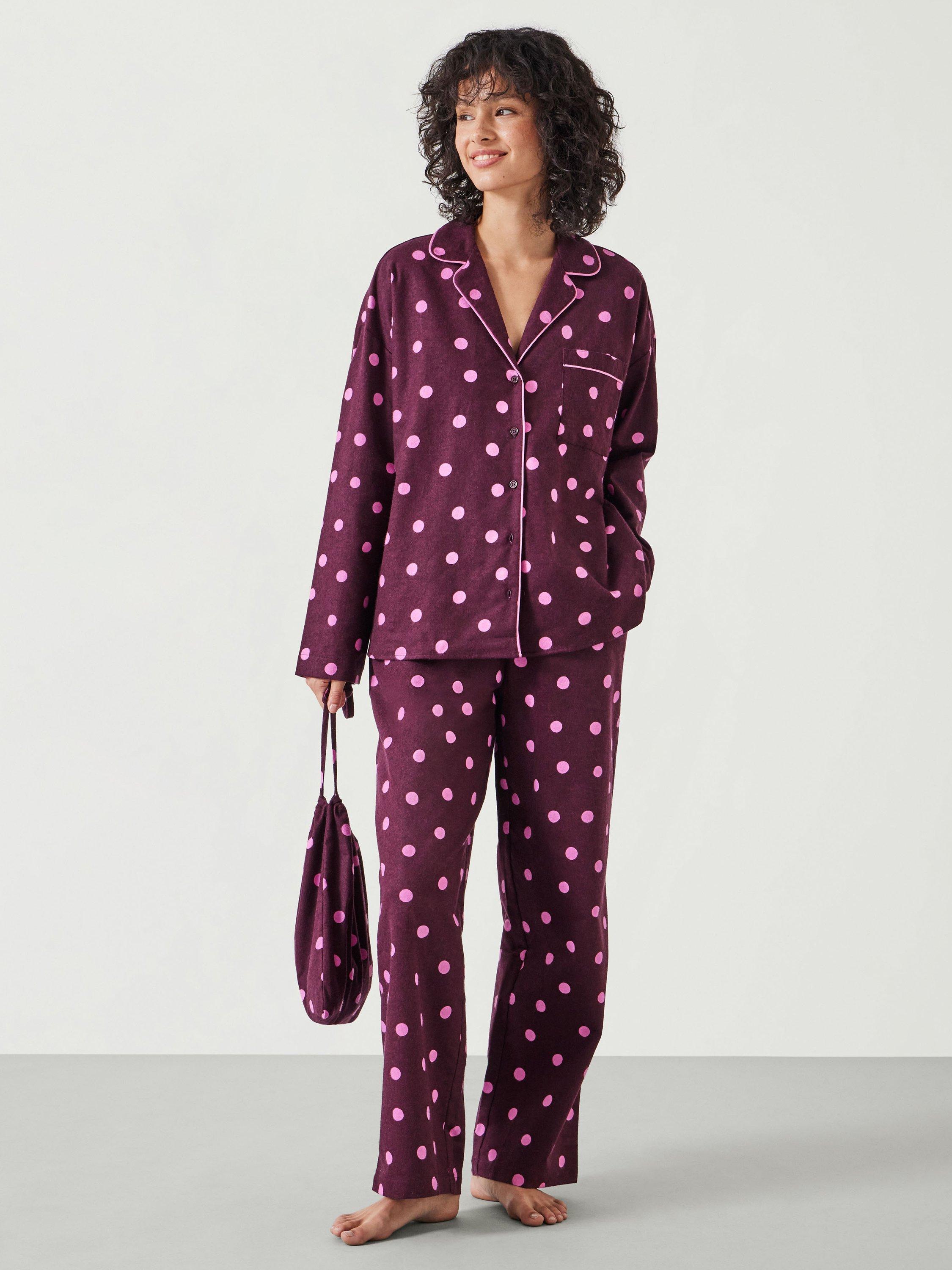 Product image 1 of 4, which shows HUSH Amita Polka Dot Button Through Long Pyjama Set, Purple/Pink, M