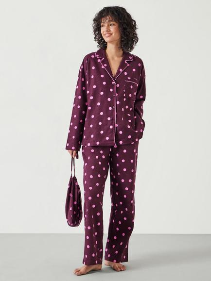 HUSH Amita Polka Dot Button Through Long Pyjama Set, Purple/Pink