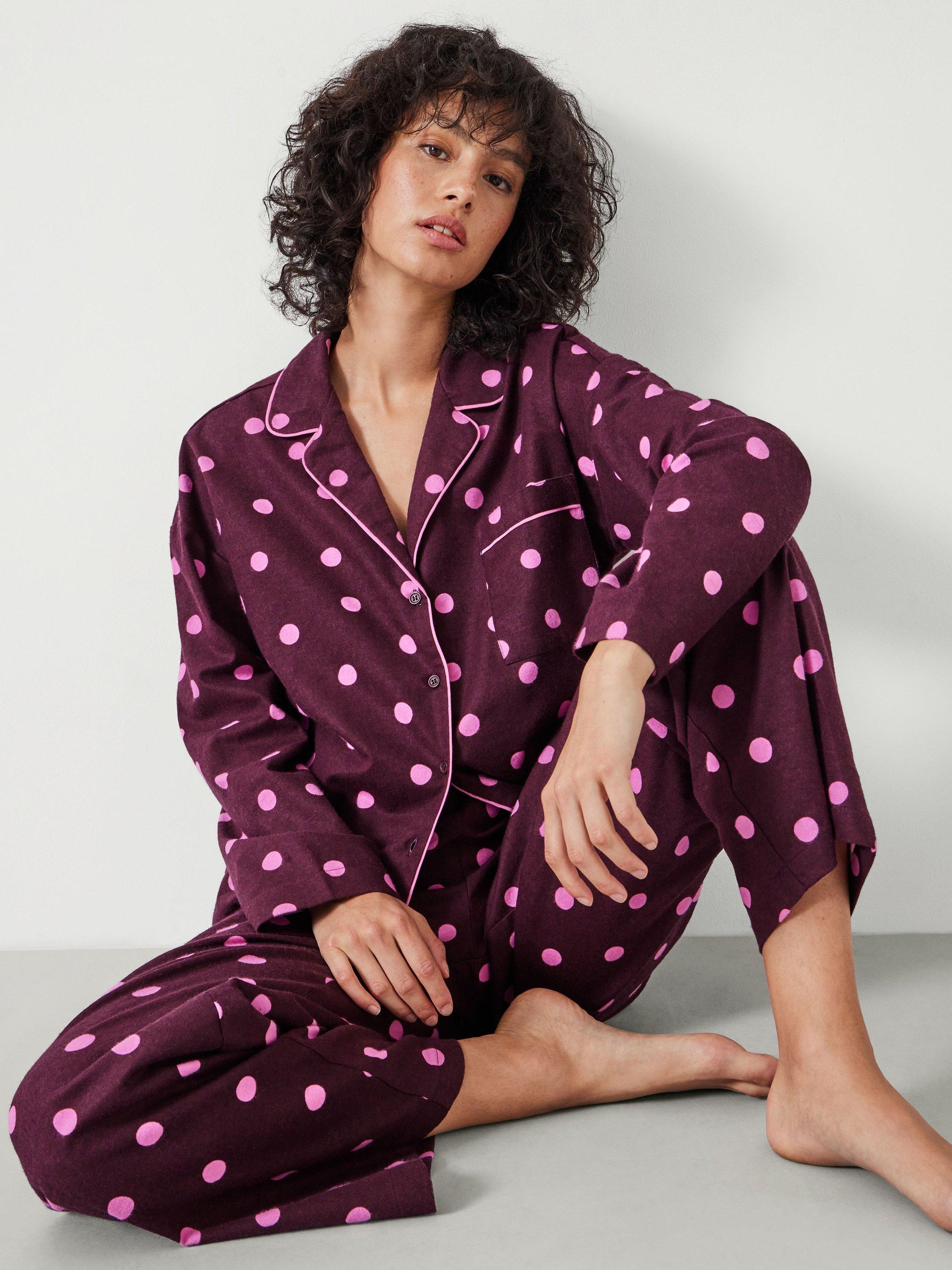 Product image 2 of 4, which shows HUSH Amita Polka Dot Button Through Long Pyjama Set, Purple/Pink, M