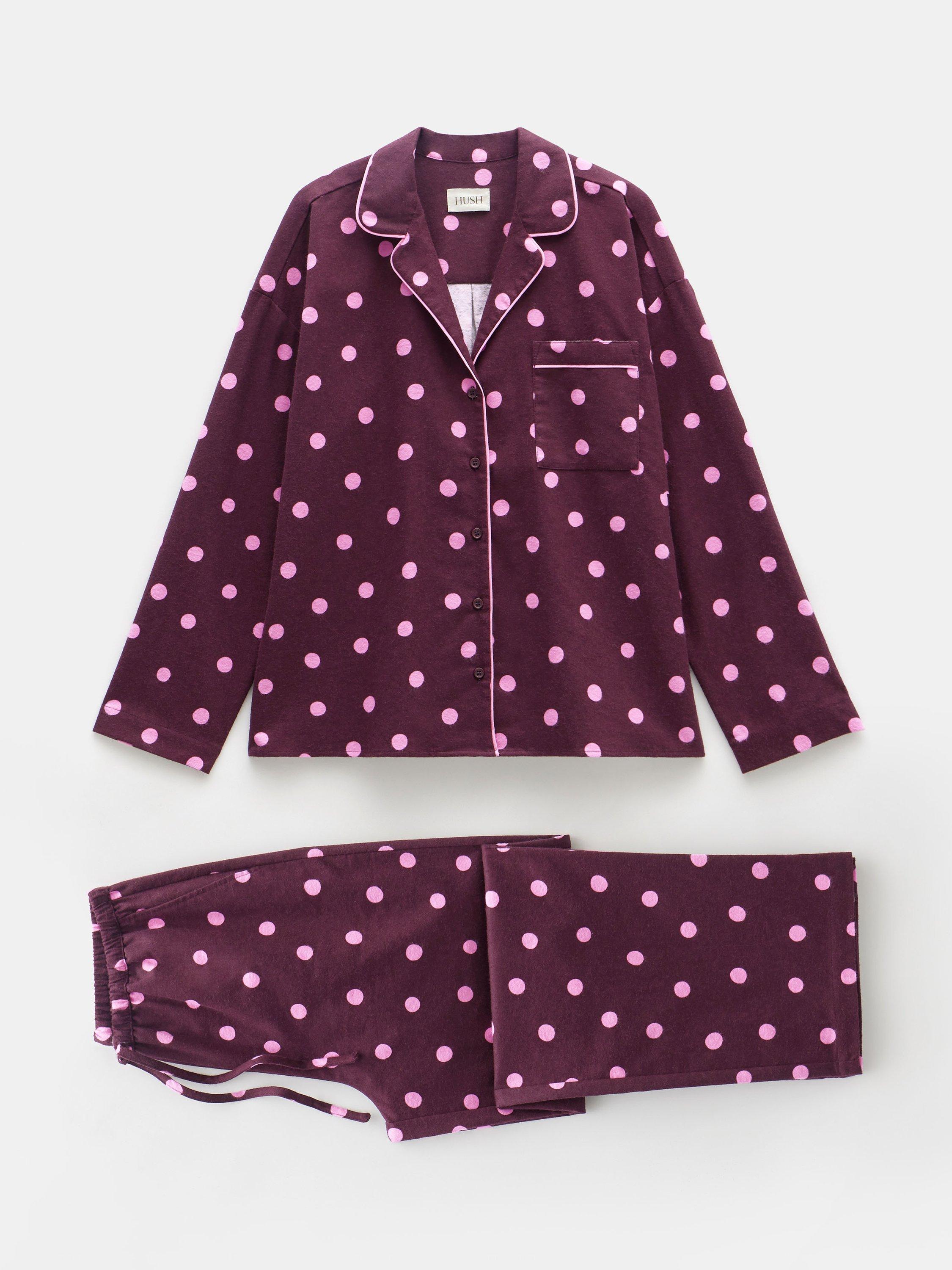 Product image 4 of 4, which shows HUSH Amita Polka Dot Button Through Long Pyjama Set, Purple/Pink, M