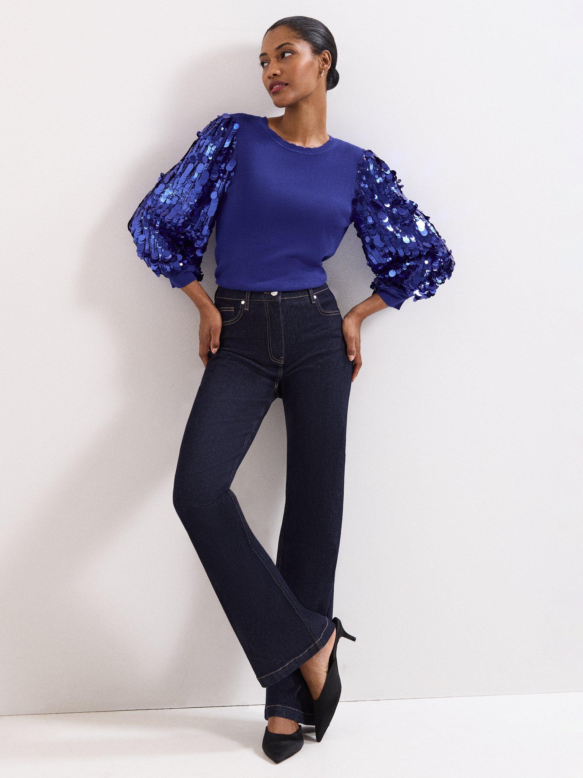 Product image 3 of 7, which shows Phase Eight Becky Sequin Sleeve Jumper, Cobalt, XS