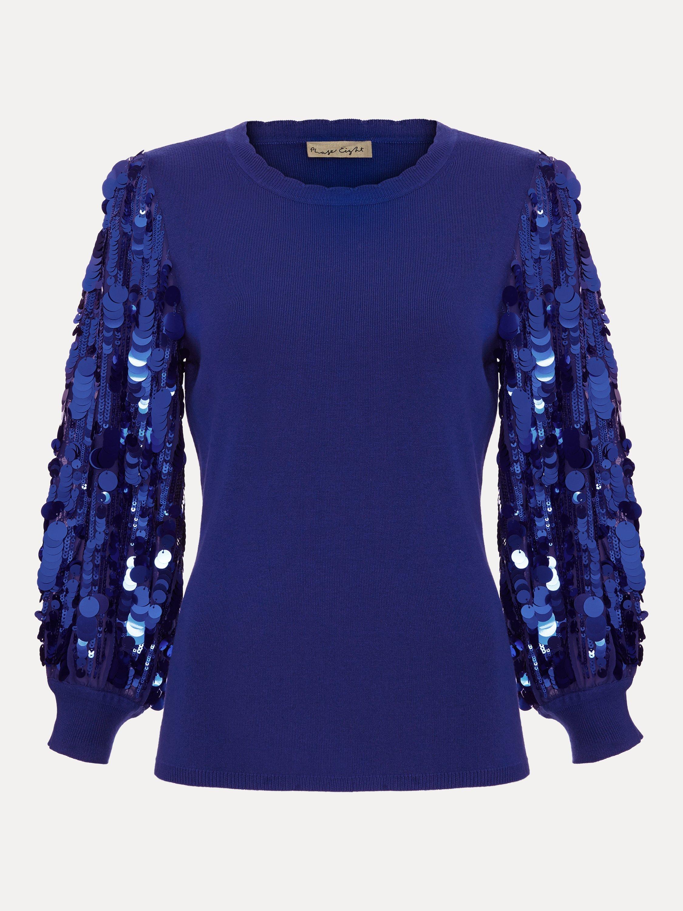 Product image 4 of 7, which shows Phase Eight Becky Sequin Sleeve Jumper, Cobalt, XS