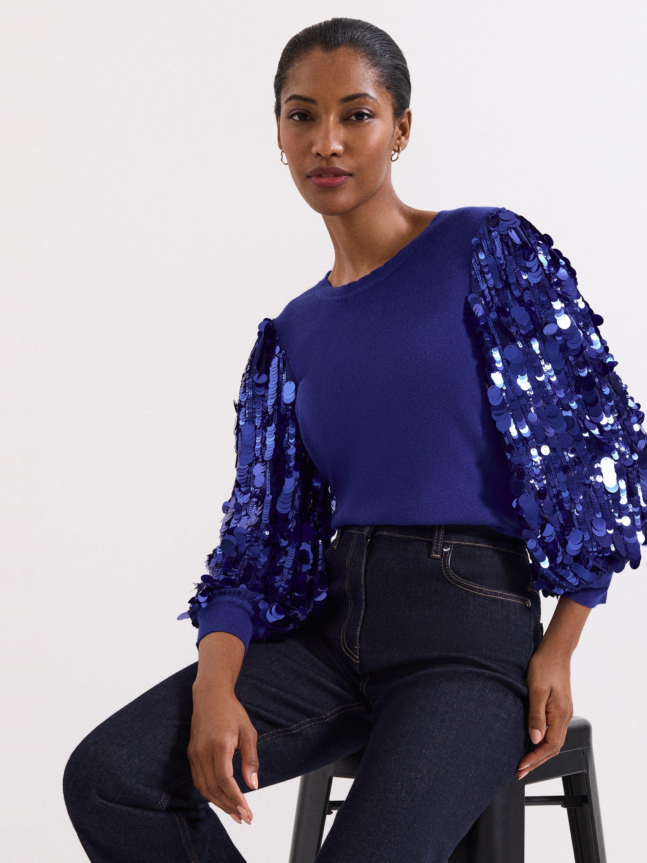 Product image 5 of 7, which shows Phase Eight Becky Sequin Sleeve Jumper, Cobalt, XS