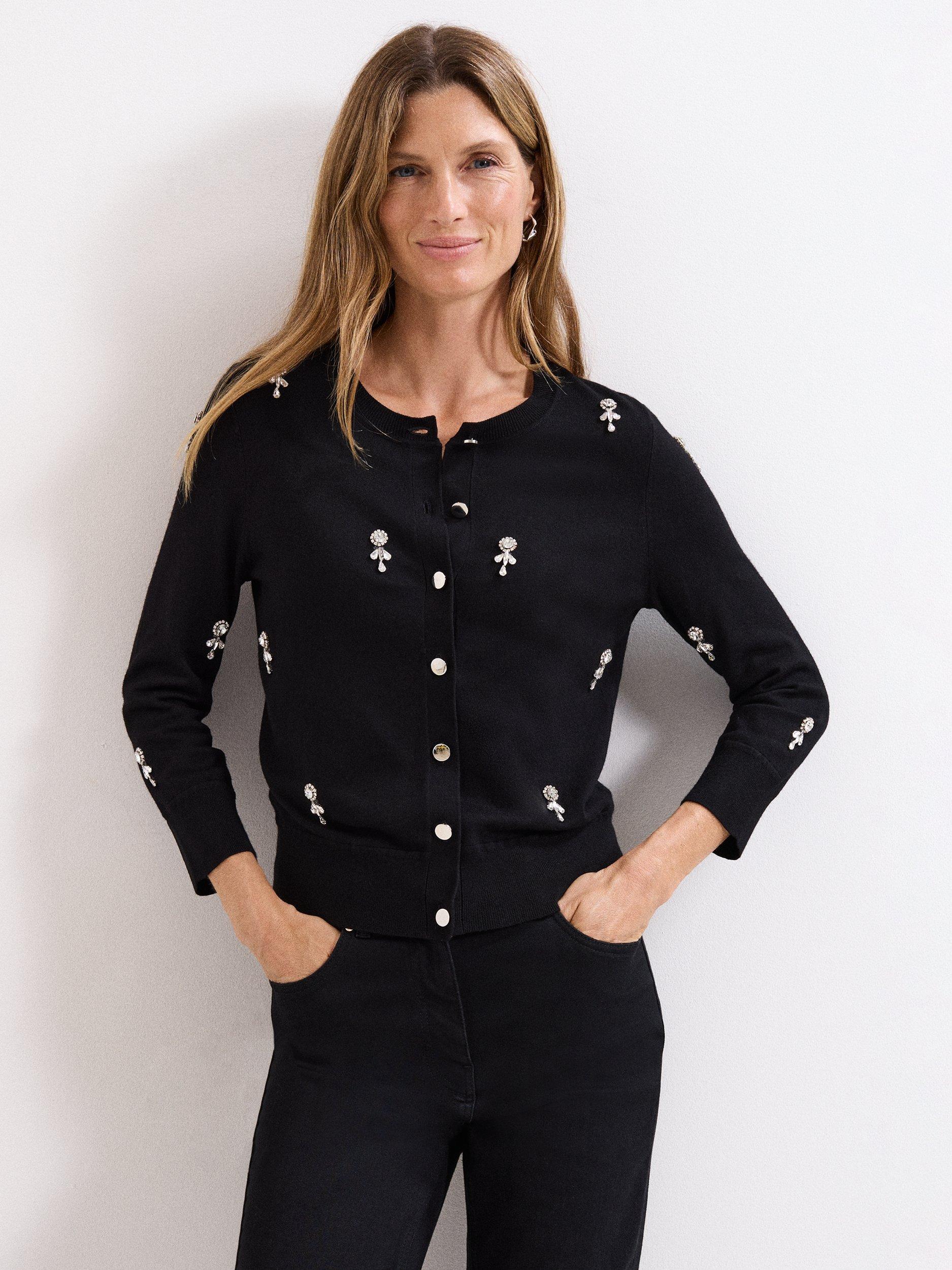 Product image 1 of 7, which shows Phase Eight Robin Embellished Cardigan containing LENZING™ ECOVERO™ Viscose, Black, XS