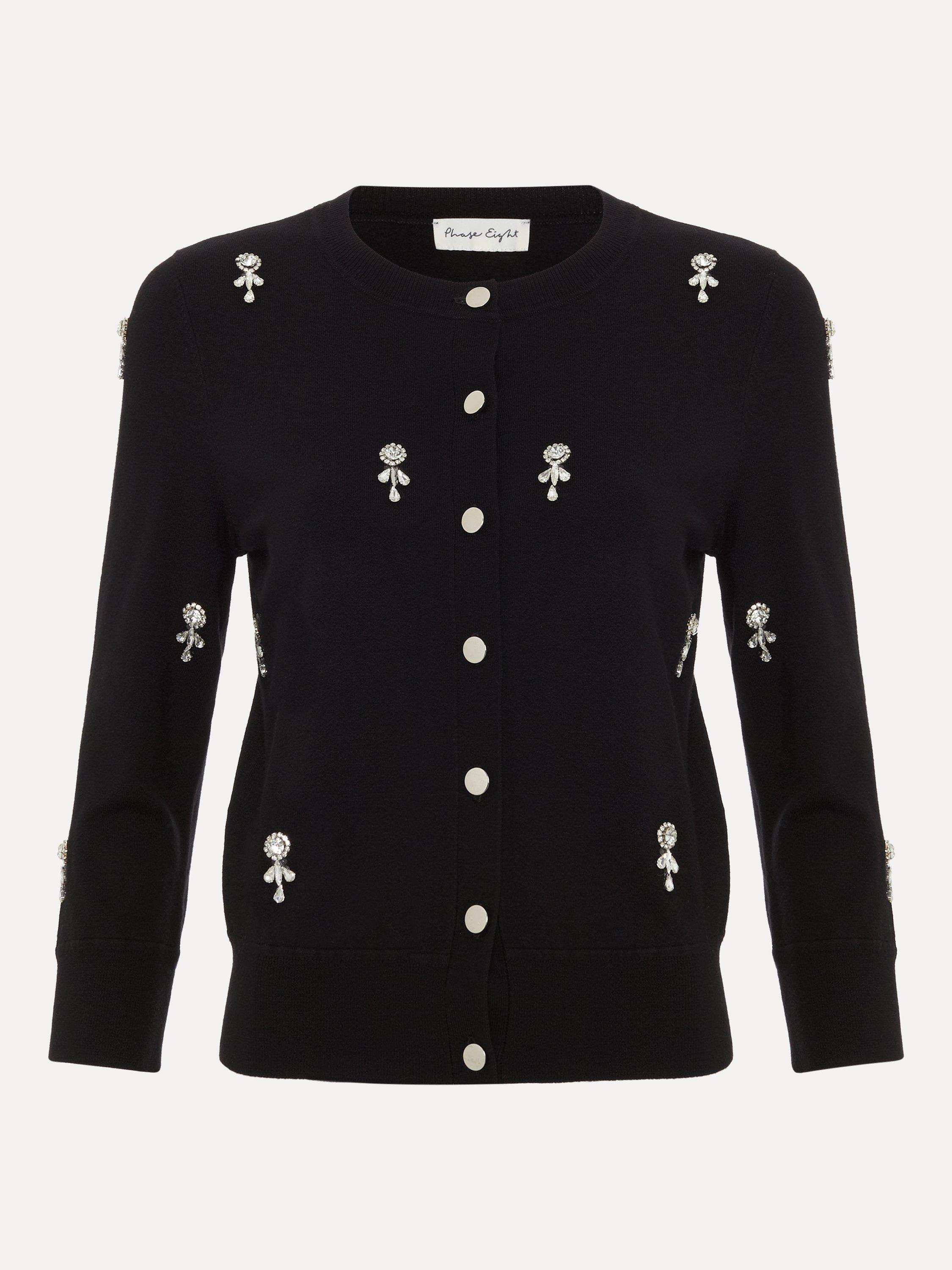 Product image 5 of 7, which shows Phase Eight Robin Embellished Cardigan containing LENZING™ ECOVERO™ Viscose, Black, XS