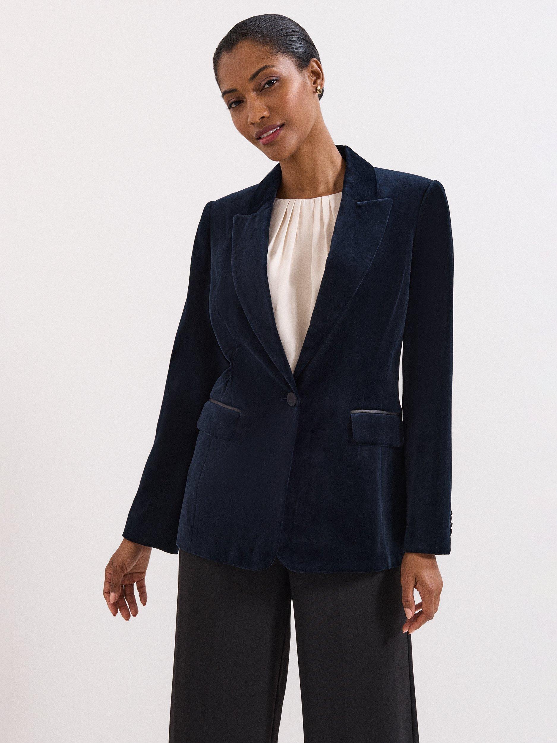 Product image 1 of 8, which shows Phase Eight Bridie Velvet Jacket, Navy, 14