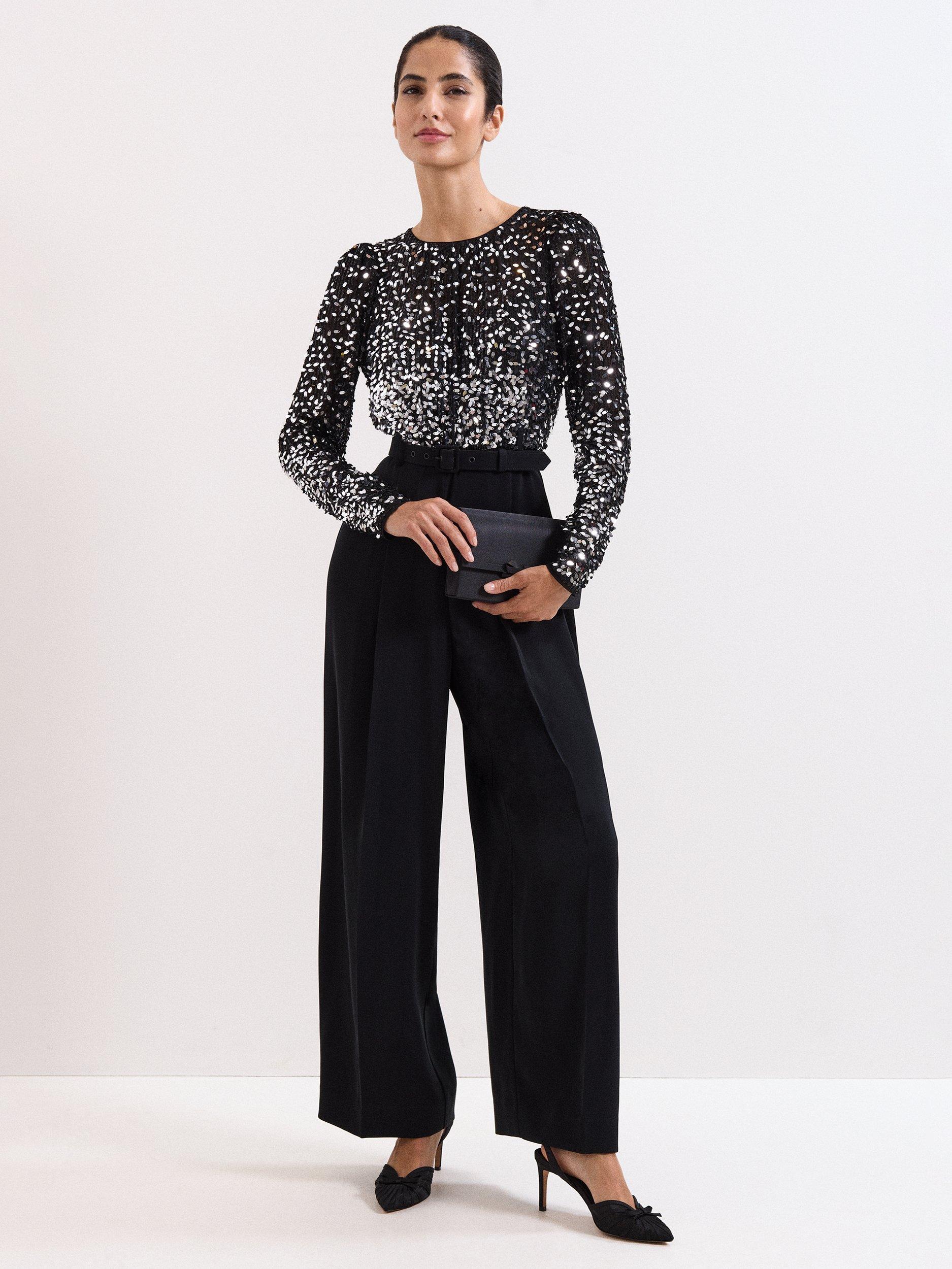 Product image 1 of 7, which shows Phase Eight Shio Sequin Top Jumpsuit, Black, 8