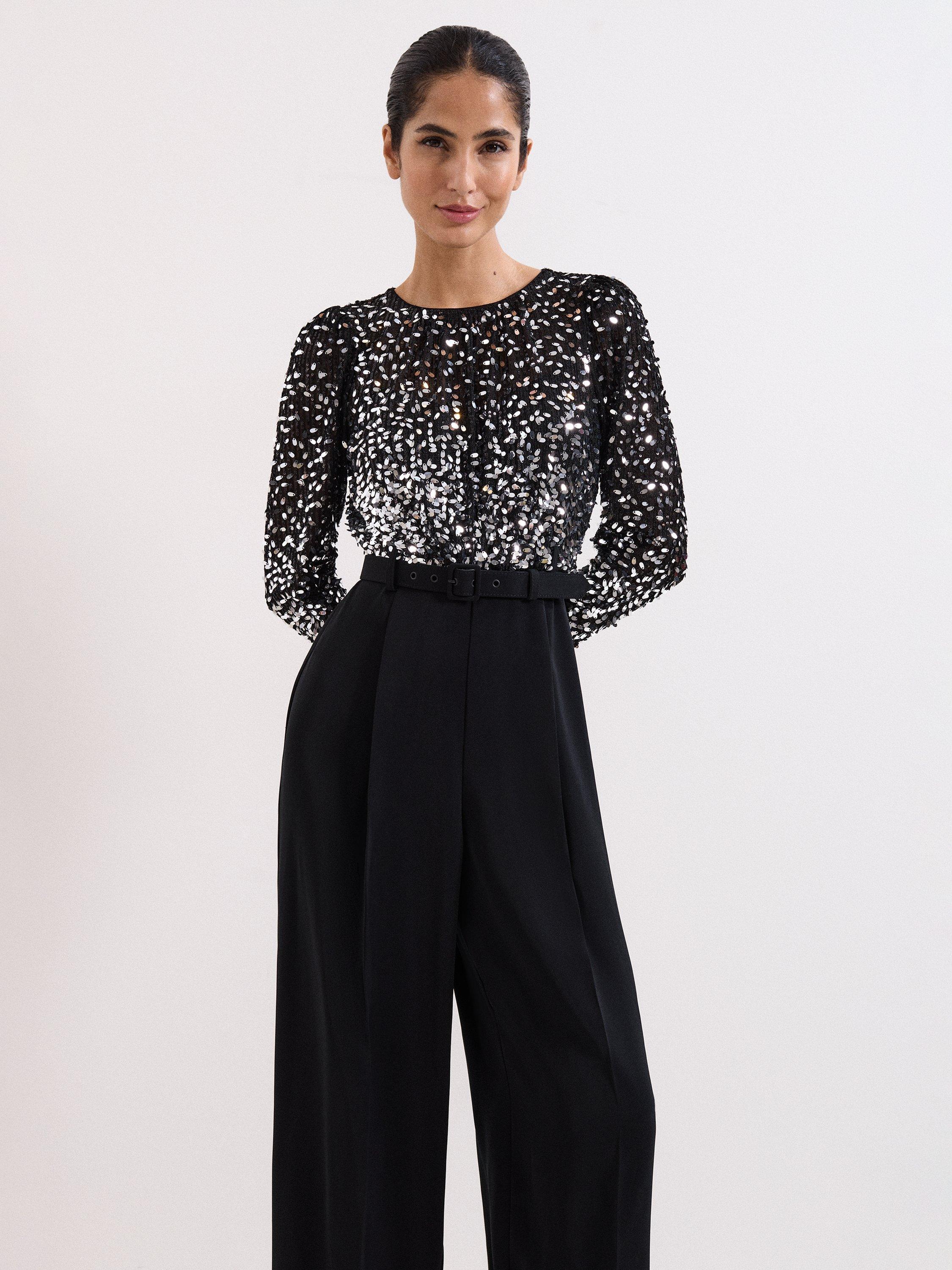 Product image 3 of 7, which shows Phase Eight Shio Sequin Top Jumpsuit, Black, 8