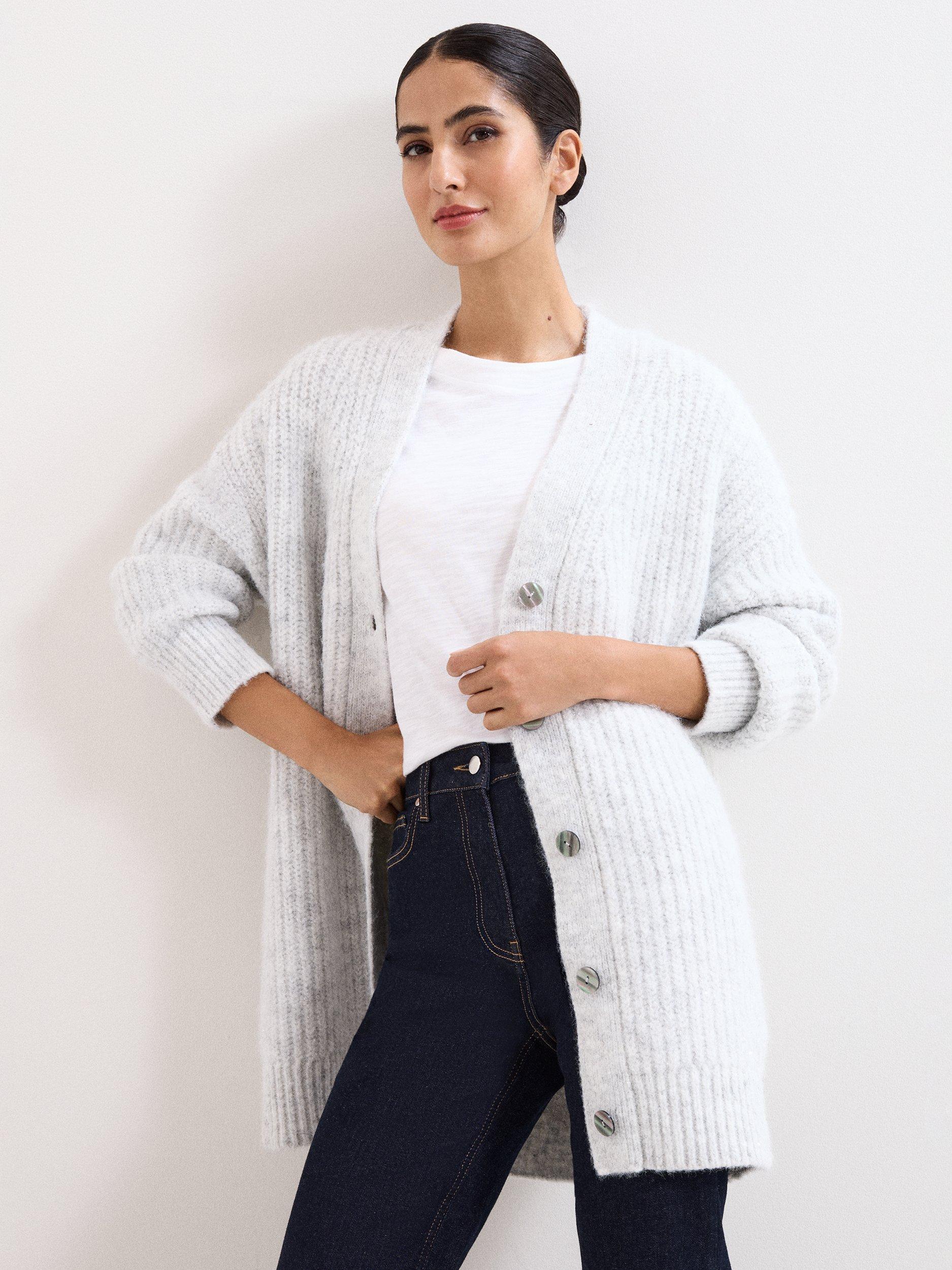 Product image 1 of 8, which shows Phase Eight Marianne Ribbed Longline Cardigan, Pale Grey, XS