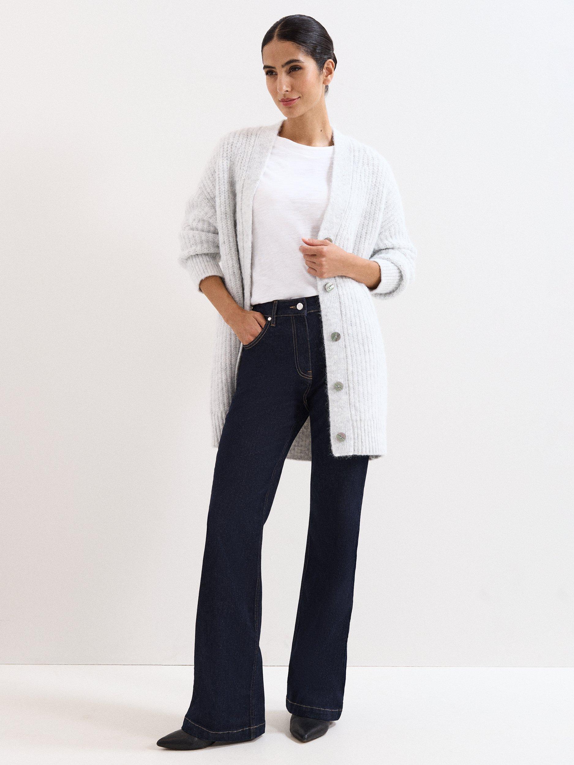 Product image 3 of 8, which shows Phase Eight Marianne Ribbed Longline Cardigan, Pale Grey, XS