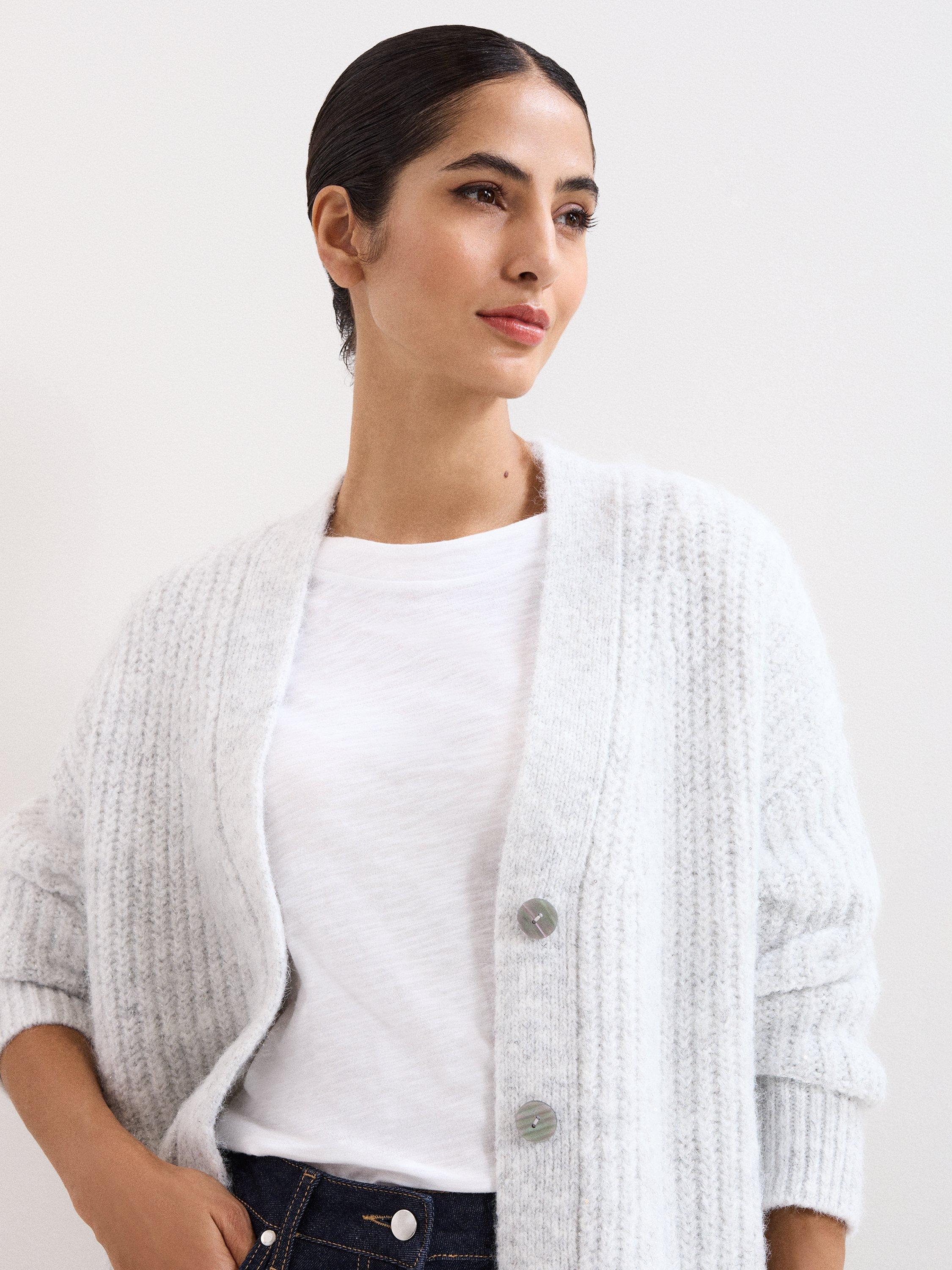 Product image 4 of 8, which shows Phase Eight Marianne Ribbed Longline Cardigan, Pale Grey, XS