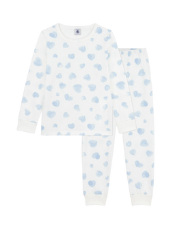 Petit Bateau Kids' Cotton Long Sleeved Heart Print Pyjamas, Marshmallow/Multi, Marshmallow/Multi