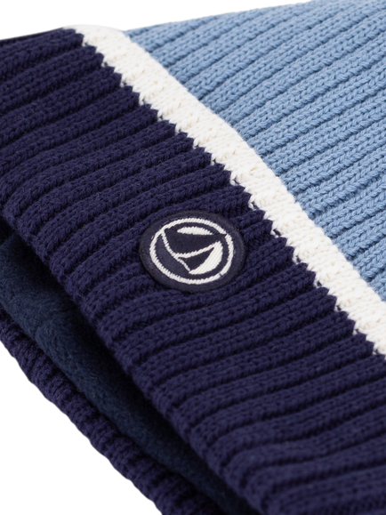 Petit Bateau Kids' Cotton Blend Beanie Hat, Adriatic/Marshmallow - view 2, Adriatic/Marshmallow
