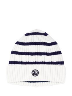 Petit Bateau Kids' Cotton Blend Striped Beanie Hat, Marshmallow/Blue, Marshmallow/Blue