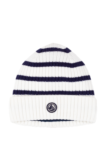 Petit Bateau Kids' Cotton Blend Striped Beanie Hat, Marshmallow/Blue, Marshmallow/Blue