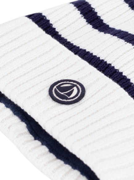 Petit Bateau Kids' Cotton Blend Striped Beanie Hat, Marshmallow/Blue - view 2, Marshmallow/Blue