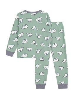 Petit Bateau Kids' Cotton Long Sleeved Polar Bear Pyjamas, Saule/Multi - view 2, Saule/Multi